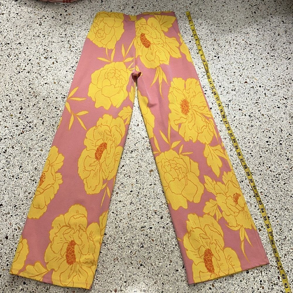 Zara pink yellow floral retro 60’s pull on pants high rise medium m - Picture 5 of 7